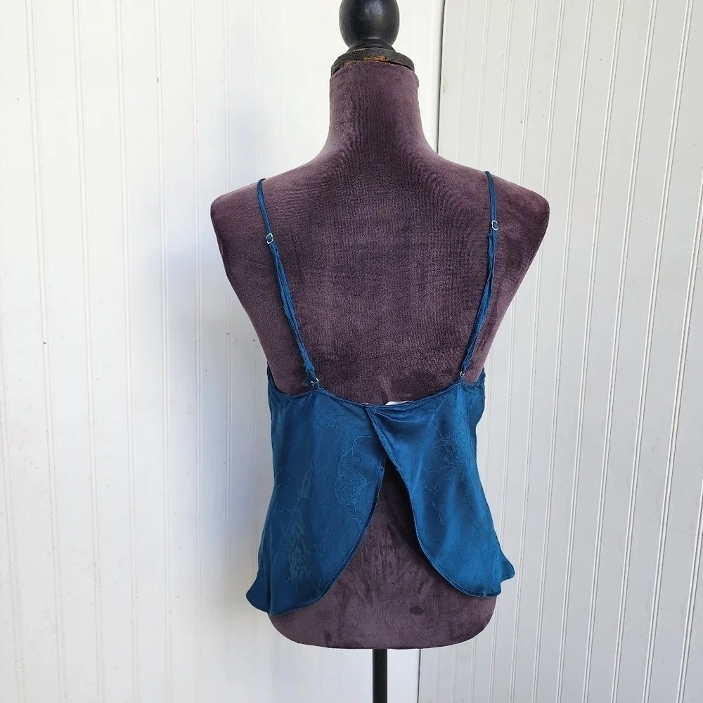 Victoria's Secret Split Back Floral Damask Teal Camisole Rayon Satin Sexy Sz M